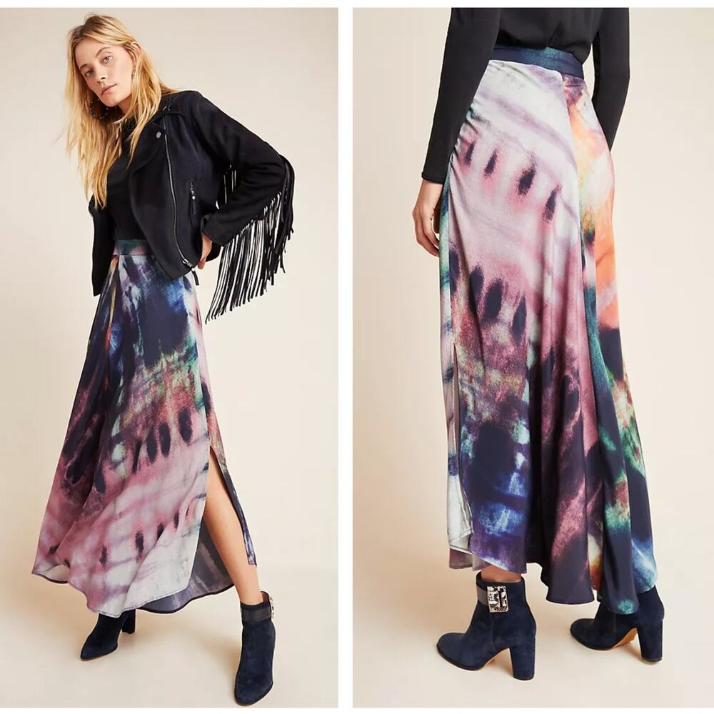 Anthropologie Watercolor Tie-Dye Maxi Skirt in Navy, Pink, Green, Orange